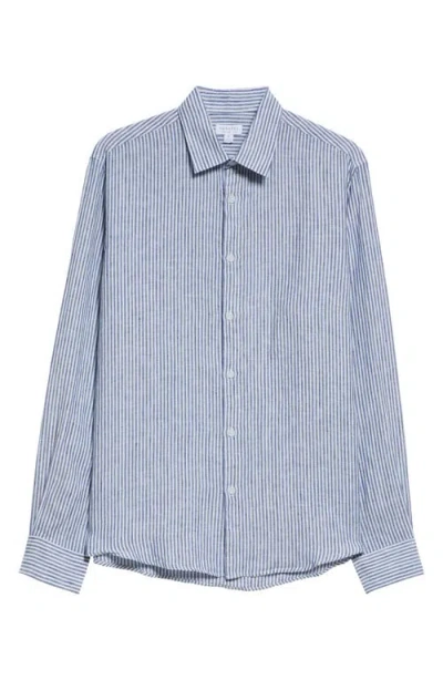 Sunspel Long Sleeve Linen Button-up Shirt In Navy/white Linen Stripe
