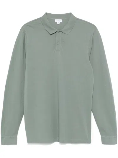Sunspel Long-sleeve Piqué Polo Shirt In Grün