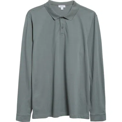 Sunspel Long Sleeve Supima® Cotton Piqué Polo In Smoke Green