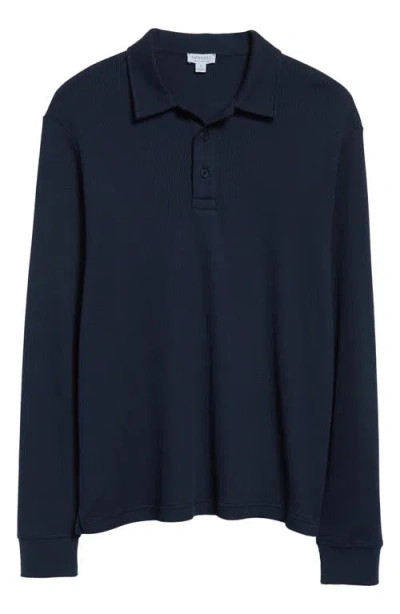 Sunspel Long Sleeve Supima® Cotton Waffle Polo In Navy