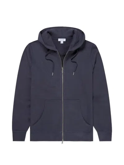 Sunspel Loopback Zip-up Drawstring Hoodie In Blue