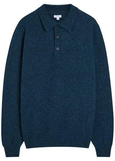 Sunspel Buttoned Knitted Polo Shirt In Blue