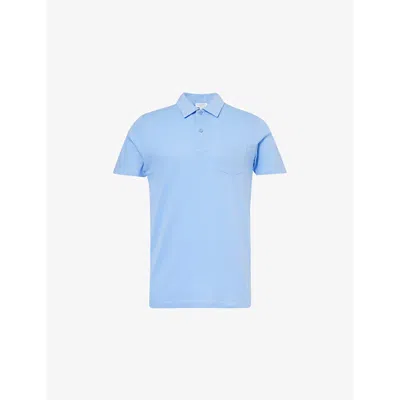 Sunspel Mens Cool Blue Riviera Patch-pocket Short-sleeve Cotton Polo Shirt