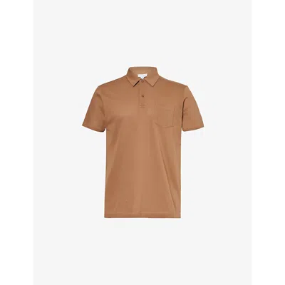 Sunspel Mens Dark Sand Riviera Patch-pocket Short-sleeve Cotton Polo Shirt