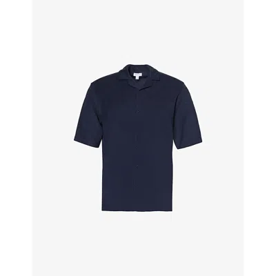 Sunspel Mens Navy Camp-collar Regular-fit Cotton-jersey Shirt Xl In Blue