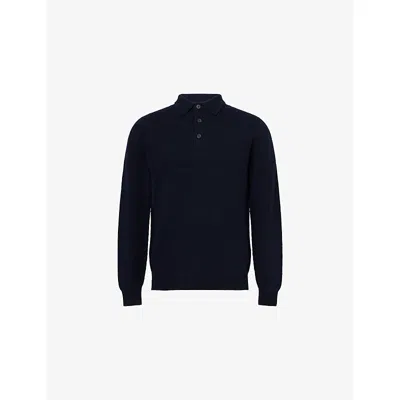 Sunspel Mens Dark Navy Mouline Long-sleeve Wool Knitted Polo Shirt Xxl In Black