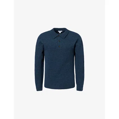 Sunspel Mens Dark Petrol Twist Regular-fit Knitted Lambswool Polo Jumper Xl