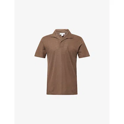Sunspel Mens Dark Walnut26 Open-collar Regular-fit Linen-piqué Polo Shirt In Brown