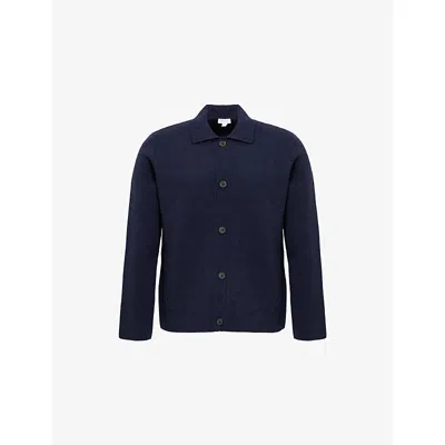Sunspel Mens Navy Double-faced Long-sleeve Cotton-wool Blend Jacket In Blue