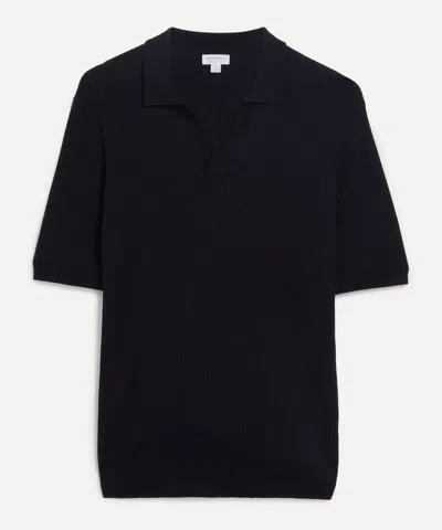 Sunspel Mens Fine Rib Polo Shirt In Blue