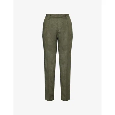 Sunspel Mens Hunter Green Pleated Tailored Linen Trousers