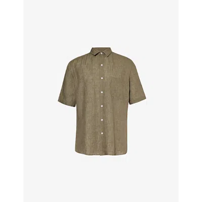 Sunspel Mens Khaki Regular-fit Short-sleeve Linen Shirt