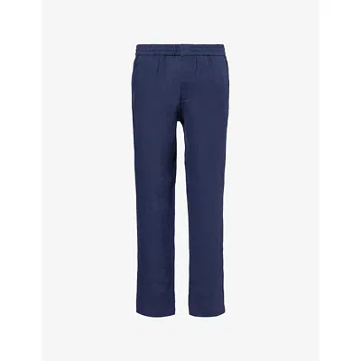 Sunspel Mens Light Navy Drawstring Tapered-leg Linen Trousers In Blue