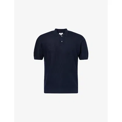 Sunspel Mens Light Navy Honeycomb Linen-silk Polo Shirt In Multi