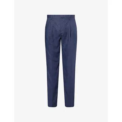 Sunspel Mens Light Navy Pleated Tailored Linen Trousers In Blue