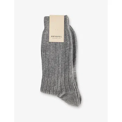 Sunspel Mens Mid Grey Melange Ribbed Cashmere Socks In Gray