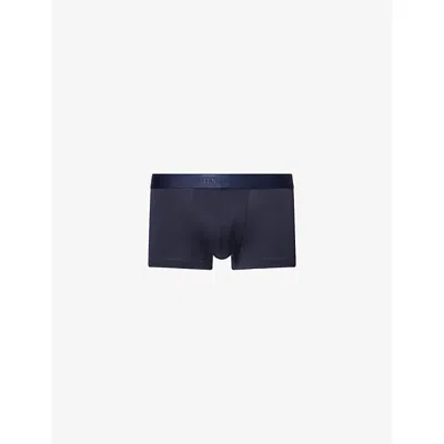 Sunspel Mens Navy Branded Mid-rise Stretch-woven Trunks In Blue