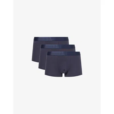 Sunspel Mens  Branded-waistband 3-pack Stretch-cotton Trunks In Blue
