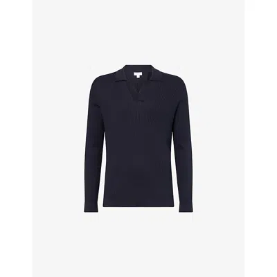 Sunspel Mens Navy Open-collar Stretch-rib Silk And Cotton Polo Top In Blue