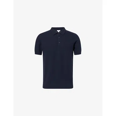 Sunspel Mens Navy Textured Short-sleeves Cotton-knit Polo Shirt In Blue