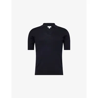 Sunspel Mens  V-neck Fine Ribbed Knitted Polo Top In Blue