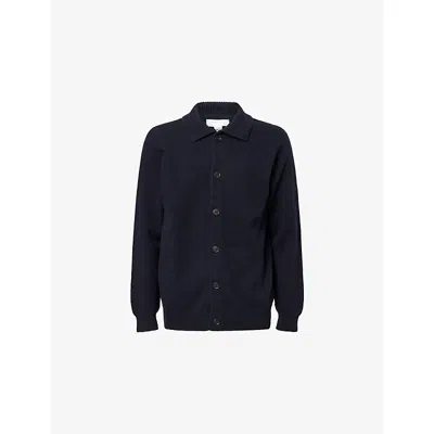 Sunspel Mens Dark Navy Mouline Collar Knitted Lambswool Cardigan In Black