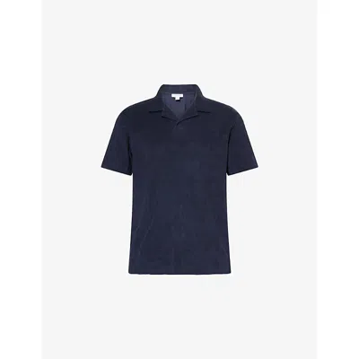 Sunspel Mens Towelling Camp-collar Cotton Polo Shirt Navy