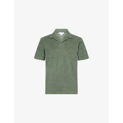 Sunspel Mens Towelling Camp-collar Cotton Polo Shirt Dusk Green