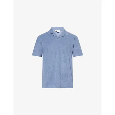 Sunspel Mens Towelling Camp-collar Cotton Polo Shirt Vintage Blue