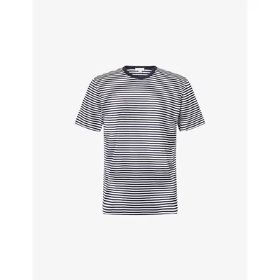 Sunspel Mens  Striped Crewneck Cotton T-shirt In White
