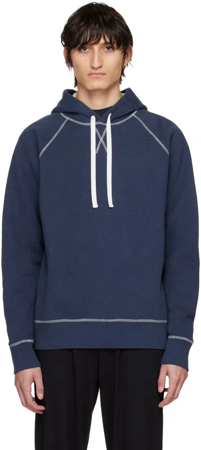 Sunspel Contrast Stitching Cotton Drawstring Hoodie In Blue