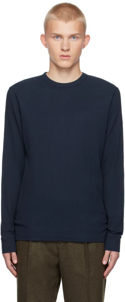 Sunspel Navy Long Sleeve Waffle T-shirt