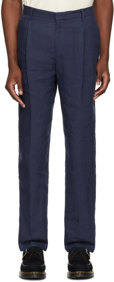 Sunspel Navy Pleated Linen Trousers In Light Navy