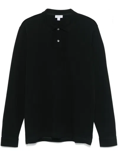 Sunspel Piqué Long-sleeves Polo Shirt In Schwarz