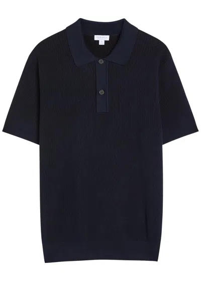 Sunspel Ribbed Knit Cotton Polo Shirt In Black