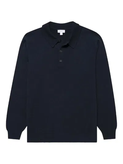 Sunspel Ribbed-knit Polo Shirt In Blue