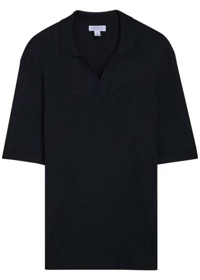 Sunspel Ribbed-knit Silk-blend Polo Shirt In Blue