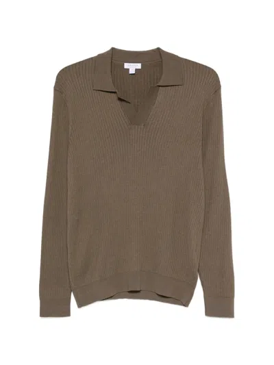 Sunspel Ribbed-knit Long-sleeve Polo Shirt In Brown