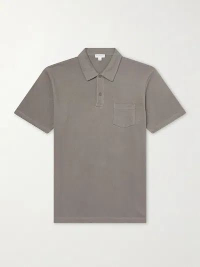 Sunspel Riviera Cotton-mesh Polo Shirt In Gray