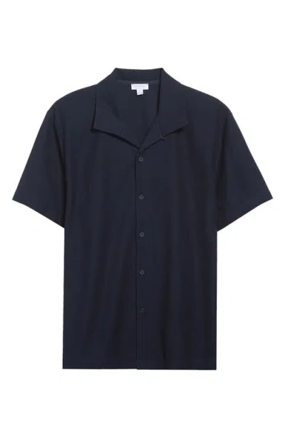 Sunspel Short Sleeve Textured Jersey Button-up Shirt In Blue