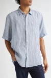 Sunspel Stripe Short Sleeve Linen Button-up Shirt In Navy/ White Linen Stripe