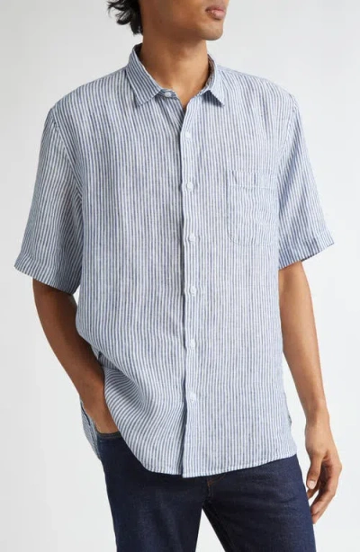 Sunspel Stripe Short Sleeve Linen Button-up Shirt In Navy/ White Linen Stripe