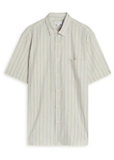 Sunspel Striped Embroidered Cotton Shirt In Blue