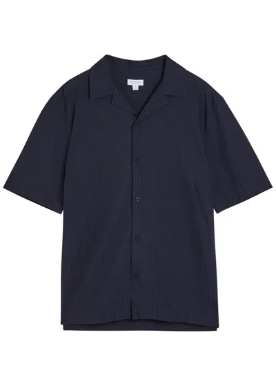 Sunspel Striped Embroidered Cotton Shirt In Blue
