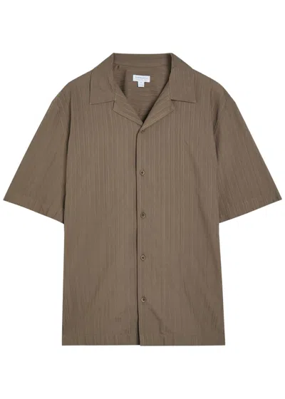 Sunspel Striped Embroidered Cotton Shirt In Brown