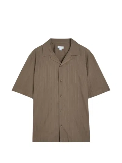 Sunspel Stripe-pattern Camp-collar Shirt In Brown