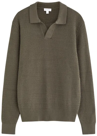 Sunspel Textured Cotton Polo Jumper In Dark Green