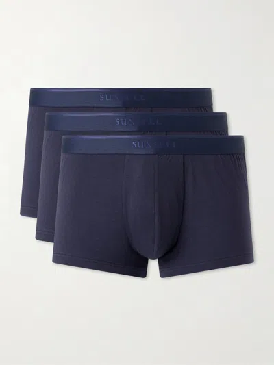 Sunspel Three-pack Stretch Cotton-blend Jersey Boxer Briefs In Blue
