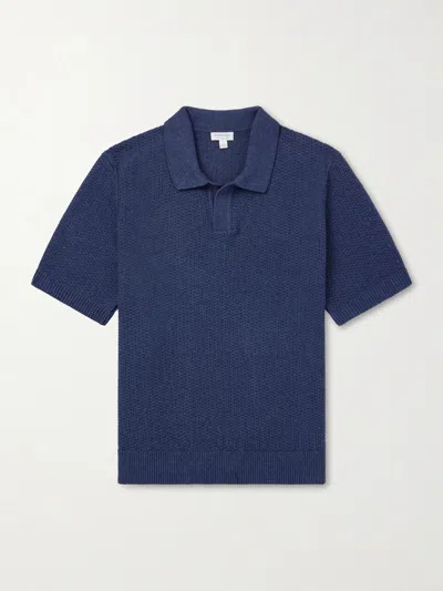 Sunspel Vintage Cotton-mesh Polo Shirt In Blue
