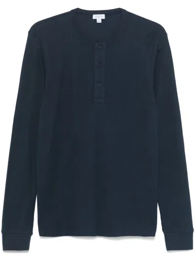 Sunspel Waffle Henley T-shirt In Blau